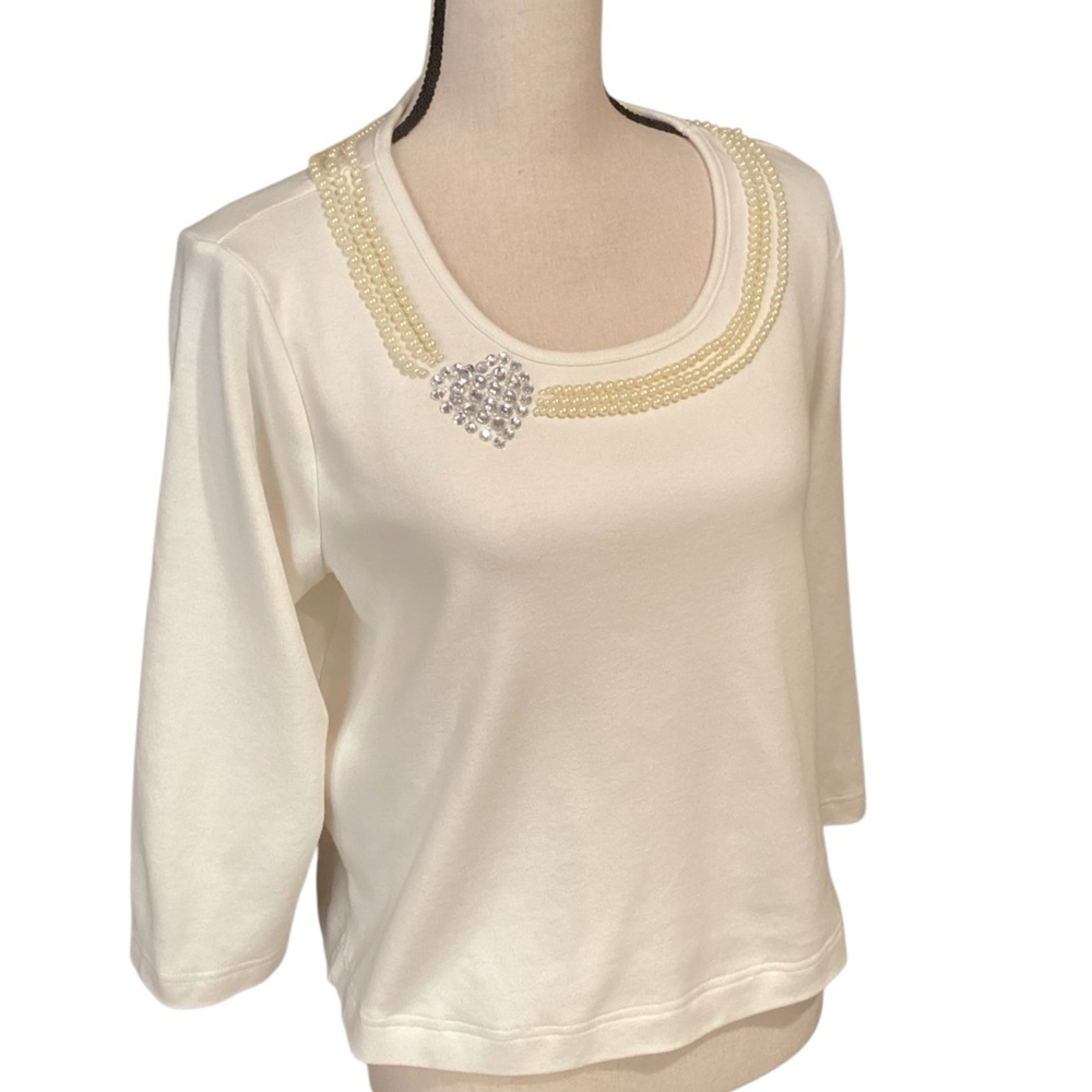 Quacker Factory Faux Pearl & Rhinestone 3/4 Sleeve Soft Cotton Scoop Neck Medium